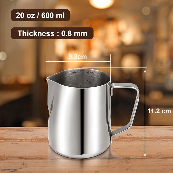 Milk Frothing Pitcher,Milk Steaming Frother Cup,Barista Cappuccino Latte Art Milk Jug with Decorating Pen,Stainless Steel Espresso Coffee Bar Accessories Tools (Silver, 20oz)