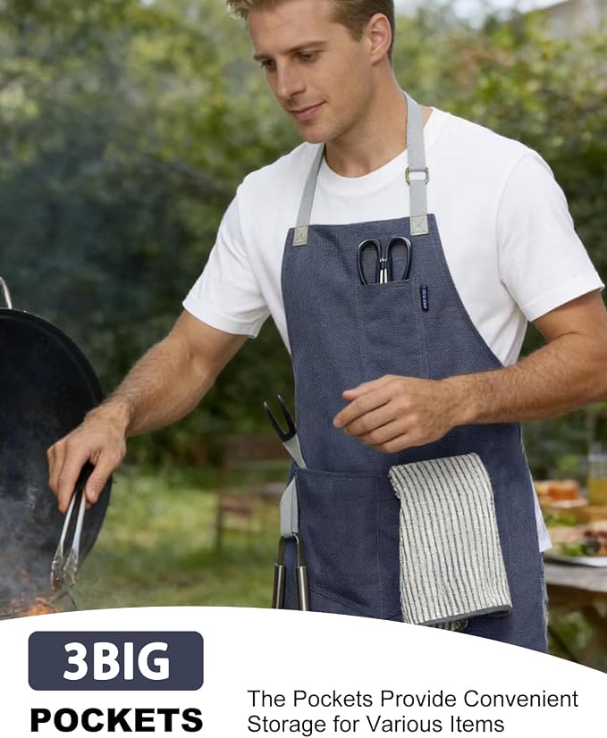 Chef Apron w/Pockets, Adjustable Strap for Cooking & Gardening | Equipped with 3 Large Multi-use Pockets, Wear-Resistant Fabric, Easy Clean, Ideal for BBQ Baking Craft for Men Women - Image 5