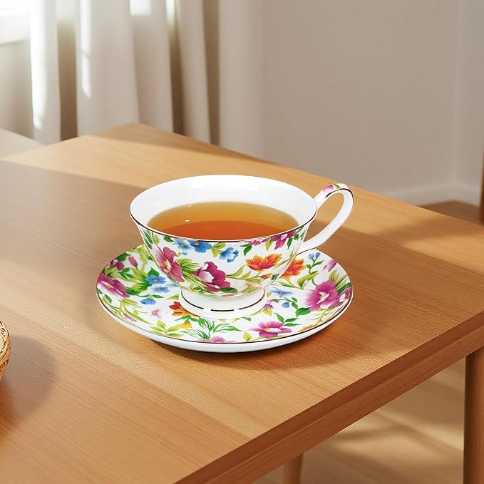 Tea cup and Saucer Set Royal Garden Style Tea Coffee Cup with Saucer 7 Ounces Bone China Teacup and saucer Set(White)