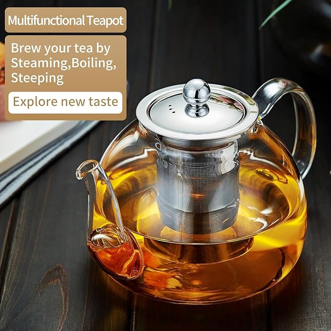 42OZ (1250ML) Glass Teapot with Infuser Stovetop Safe, Clear Glass Tea Pot Kettle, Borosilicate Tea Pot with Infusers Filter for Loose Tea, Tea Kettle Dishwasher Safe