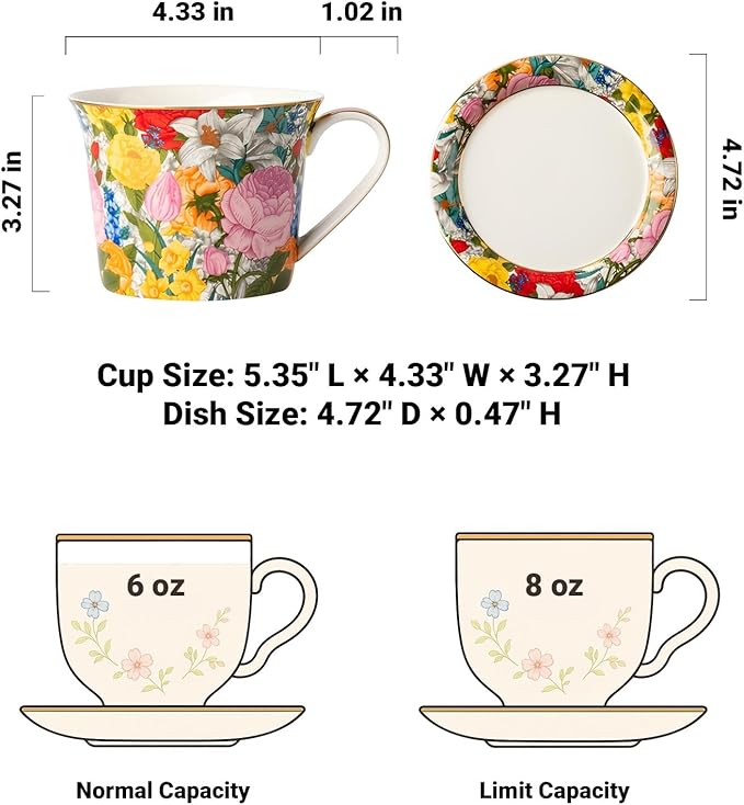 15oz Ceramic Coffee Mug – French Vintage Garden Style Cup with Multicolor Floral Design & Gold Rim, Artistic Pottery Gift Mug for Women