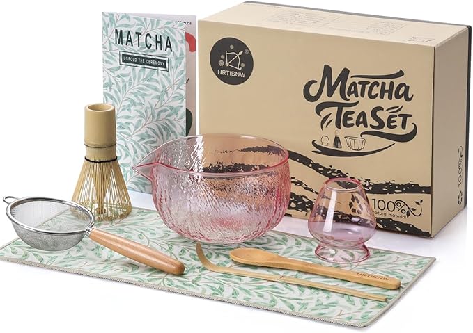 Matcha Whisk Set, 7 Pcs, Matcha Kit Includes Matcha Bowl, Matcha Whisk and Holder, Bamboo Scoop, Spoon, Sifter and Tea Towel, Matcha Set, Gift for Matcha Lovers & Beginners (Glass Pink)