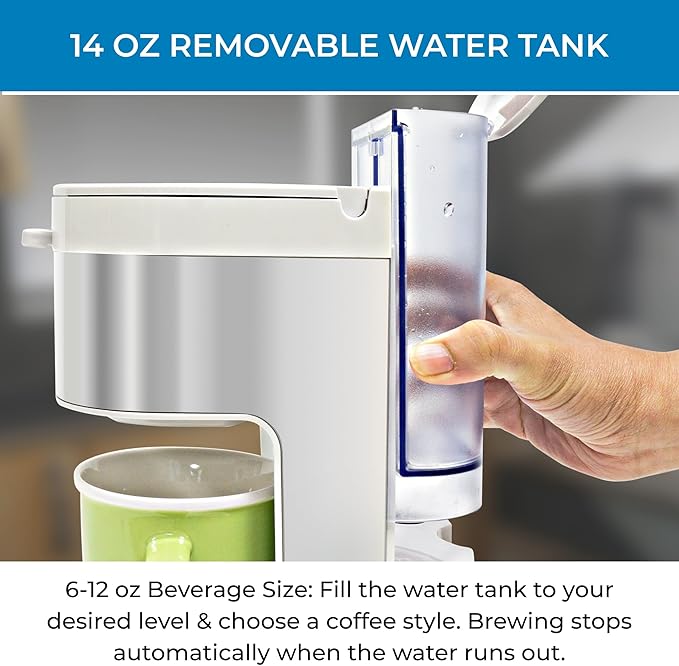 Kenmore Single Serve Coffee Maker – 6–14 Oz Brew Sizes, Compatible with Keurig K‑Cup Pods & Ground Coffee, One Cup Brewer, Travel Mug Friendly, Auto Shut‑Off, Hot & Iced maquina de cafe, White