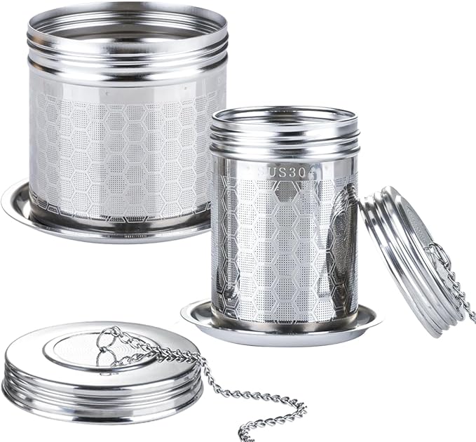 2Pack Infuser Strainer for Loose Tea, Stainless Steel Ball With Chain Hook and Drip Tray, Extra Fine Mesh Filter for Brew, Spices & Seasonings (2Pack, 1.96in+2.95in)
