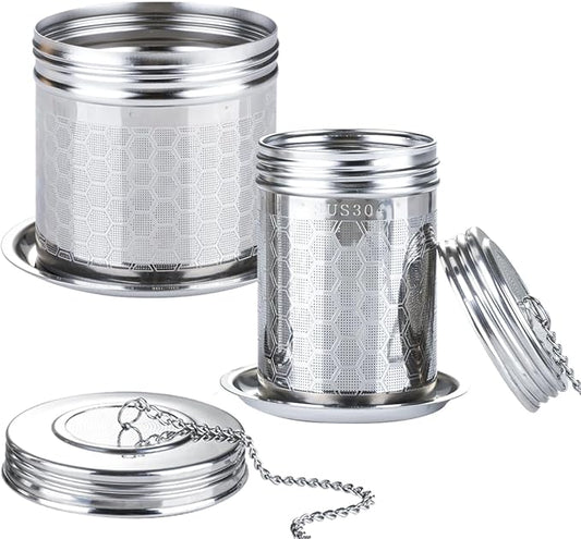 2Pack Infuser Strainer for Loose Tea, Stainless Steel Ball With Chain Hook and Drip Tray, Extra Fine Mesh Filter for Brew, Spices & Seasonings (2Pack, 1.96in+2.95in)
