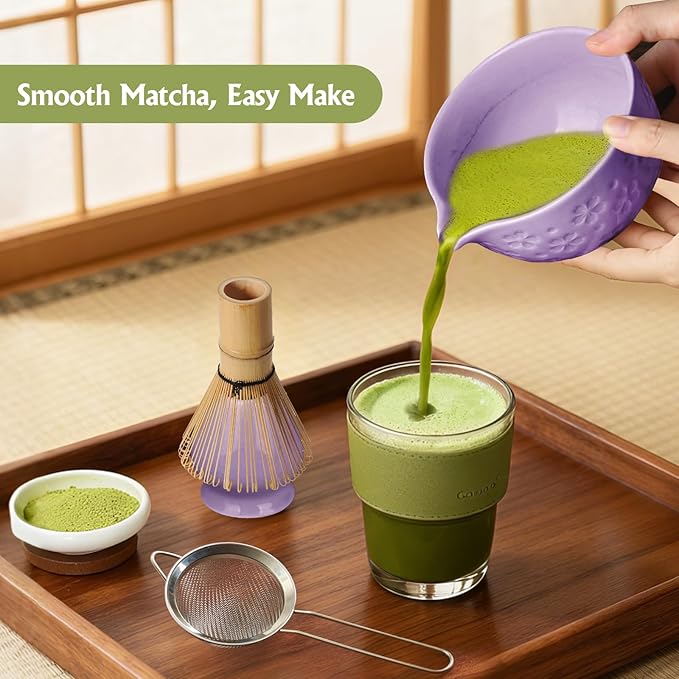 Matcha Whisk Tea Set Kit: Japanese Matcha Kit - Ceramic Bowl Bamboo Whisk Chasen Holder spoon Measuring Scoop Sifter - Traditional Practical for Tea Ceremony Breakfast Lattes - Home Kitchen Christmas
