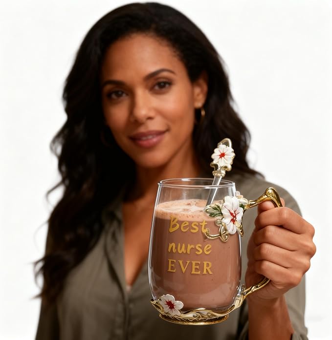 National Nurses Day Flower Glass Cup with Unique Flower Printing and Spoon - Ideal Nurse Christmas Gift (Nurse)
