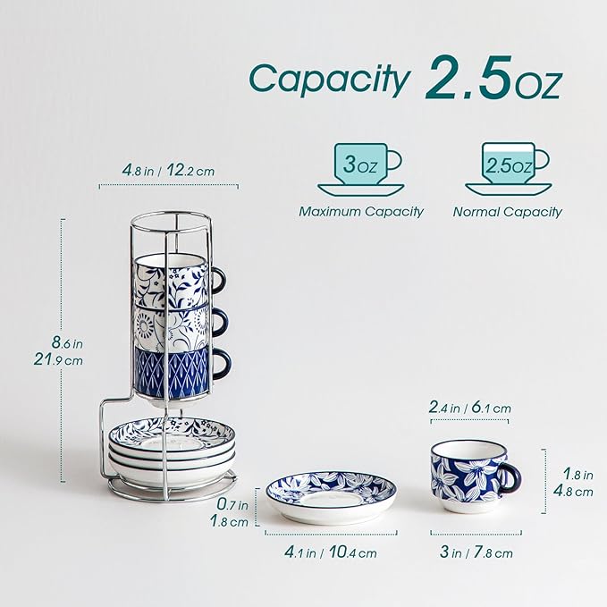 vancasso 2.5OZ Espresso Cups Set of 4, Porcelain Stackable Cappuccino Cups, Demitasse Coffee Cups and Saucers Set with Metal Stand for Specialty Drinks, Series SELENE (Vintage Blue, 2.5 Ounce)
