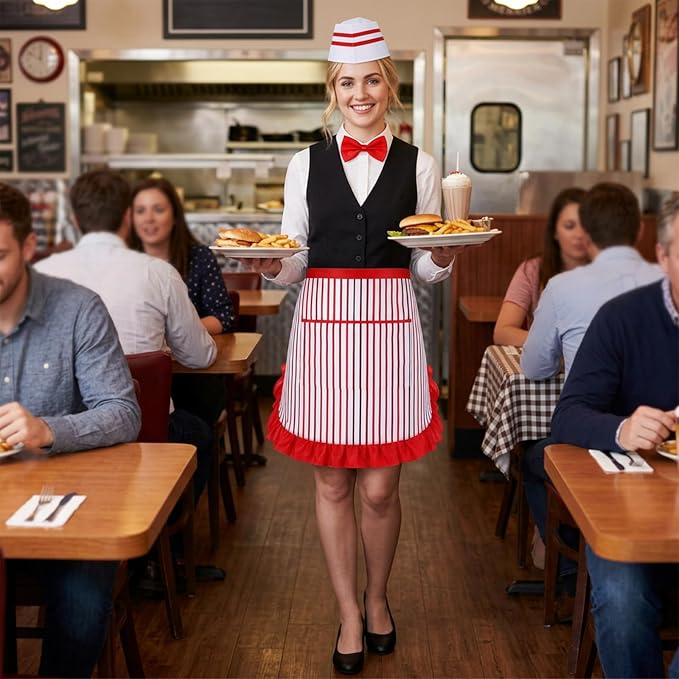 3pcs Soda Jerk Costume, 1950s Waiter Costume Kit, Red And White Striped Apron with Pocket, Adjustable Red Bow Ties, Chef Hat for Retro Party, Diner Role Play - Image 5