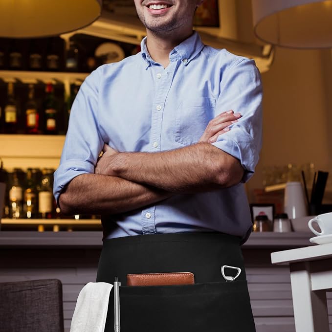 NLUS 1 Pack Server Apron with 3 Pockets, Water Oil Stain Resistant Waitress Waiter Apron Black Waist Aprons Bistro Apron for Women Men, 24 X 12 inch - Image 2