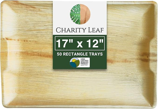 Charity Leaf Disposable Palm Leaf 17" x 12" Rectangle Trays (50 Pieces) Bamboo Like Serving Platters, Disposable Boards, Eco-Friendly Dinnerware for Weddings, Catering, Events