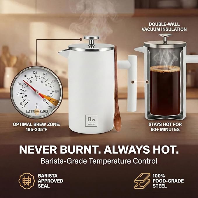 Barista Warrior French Press Coffee Maker Stainless Steel with Built-In Thermometer - Insulated Double Wall Design, Dual Filter System, Stay-Cool Handle & Wood Spoon - White