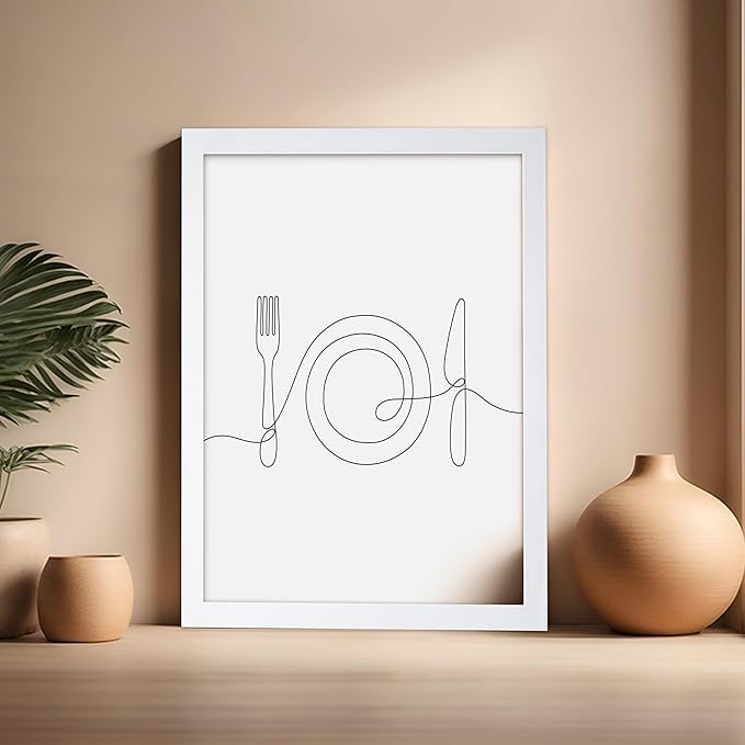 Poster Master Vintage Minimalist Poster - Retro Illustration Print - Fork, Plate, Knife, Line Drawing, Simple - Gift for Artist, Friend - Wall Decor for Kitchen, Restaurant, 16x20 White Framed