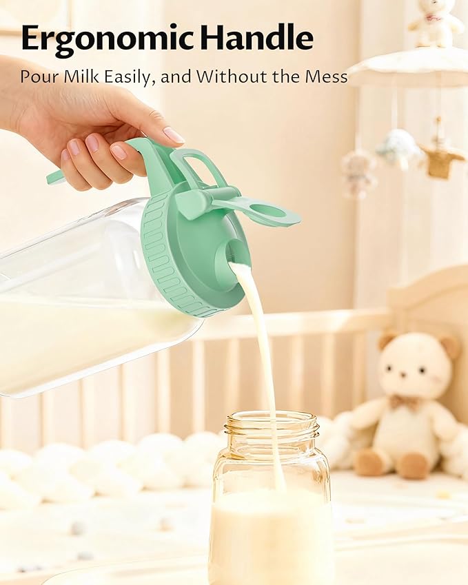 64oz Glass Breast Milk Pitcher with Lid & Pour Spout, 2 Quart Airtight Leakproof BreastMilk Fridge Storage Container - Wide Mouth, Dishwasher Safe Formula Pitcher with Handle