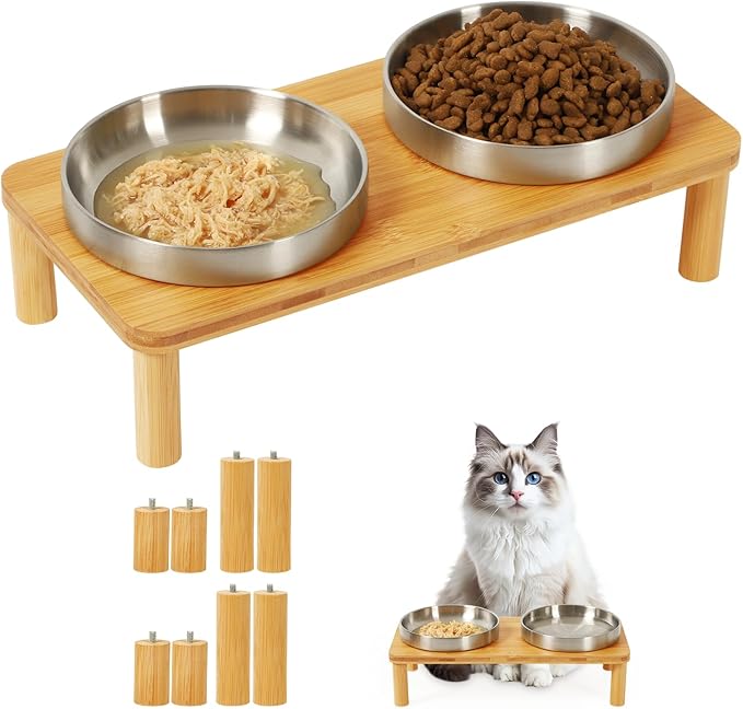Elevated Cat Bowls for Indoor Cats – Raised Bamboo Cat Food Table with 2 Stainless Steel Dishes, Adjustable Height (4.25"/3.07"), Whisker Friendly Feeding Station
