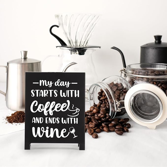 My Day Starts With Coffee Ends With Wine Desk Decor Sign Retro Coffees Shop Table Display for Home Office Kitchen Bar Cafe Counter Bookshelf Christmas Gift for Coffees Lovers Barista Friends