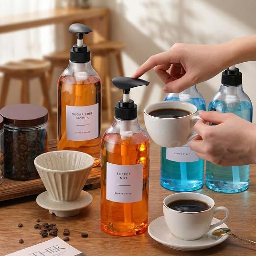 9 Pcs Coffee Syrup Dispenser Set 25.4 Oz/750 ml Plastic Coffee Syrup Dispenser Pump Bottle Pet Jar with Lids Gold Spoon and Labels for Home Bar Organization - Image 6