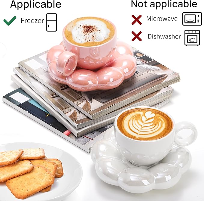 Goaste 2 Pack Ceramic Coffee Mug with Saucer Set, Cute Cloud Mug with Sunflower Coaster, 8oz Creative Latte Tea Cup for Office, Home, Coffee, Tea, Latte, Milk, Pink, Pearl White