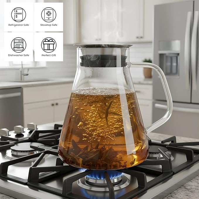 Aquach 51oz Glass Teapot with Smart Filter Lid, Stovetop Safe Borosilicate Glass Tea Kettle with Built-in Stainless Steel Infuser, Dishwasher Safe Hot & Iced Tea Maker, Plastic-Free