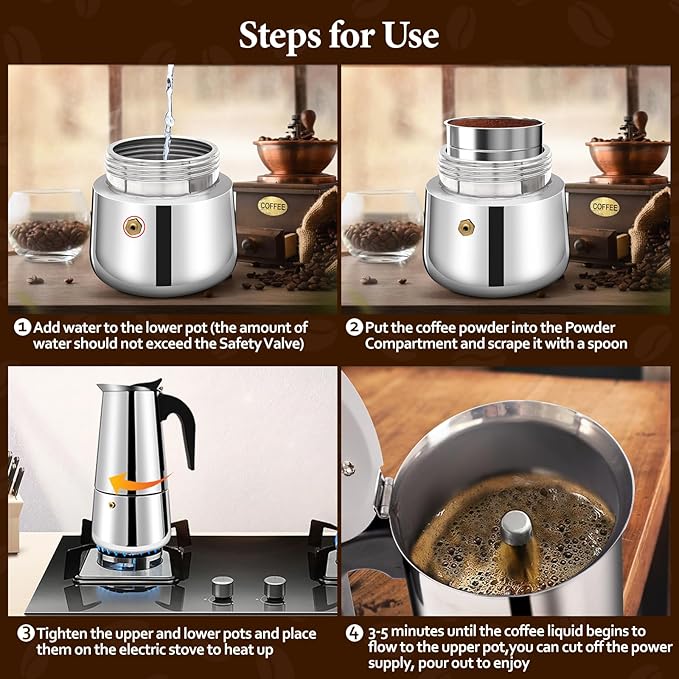 2 Cup Stainless Steel Moka Pot Stovetop Espresso Maker Italian Coffee Machine 100ml 3.3oz Suitable for Gas Induction Stovetop Mocha Greca Coffee Maker Percolator Straight