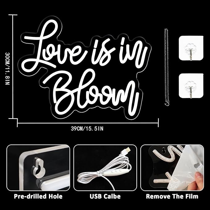 Love Is In Bloom Neon Sign Warm White Led Neon Signs for Wall Decor Dimmable Led Lights Signs Wedding Neon Light Sign for Engagement Birthday Valentines Decorations Gift