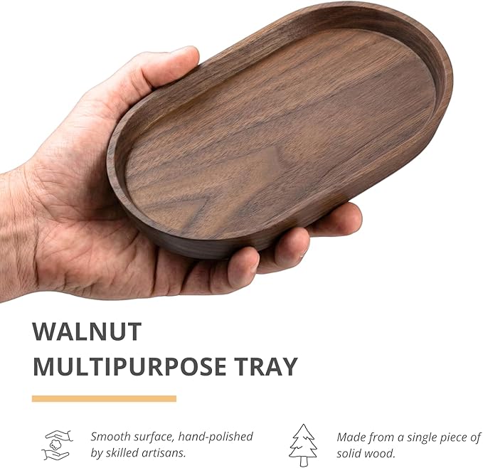 Wooden Mini Serving Tray for Parties, Tea&Coffee Table Tray, Small Oval Wood Plate for Fruit&Snacks, Decorative Tray for Jewellery Key Coin, Tray for Bathroom (Walnut, 7.8”×4.66”)