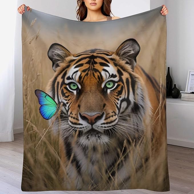 Beautiful Tiger Nature Grass Super Soft Throw Blanket, Blue Butterfly Flannel Fleece Decorative Throw for Sofa Couch Bedroom Decor Outdoor Use 40"x50"
