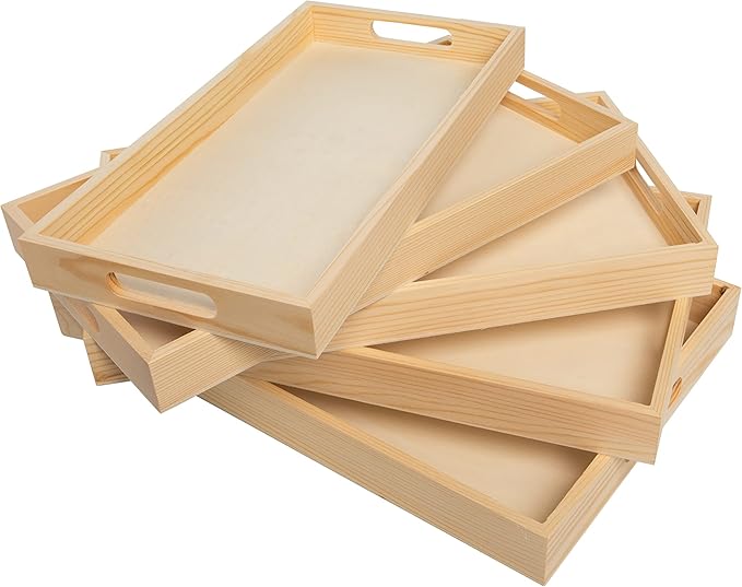 Wooden Nested Serving Trays, Unfinished Rectangle Trays with Cut-Out Handles for Crafts, Ottomans, Serving and Home Décor – Set of 5