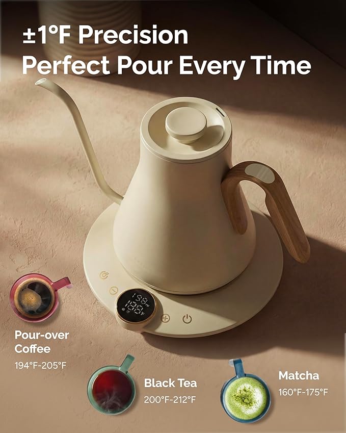 Gooseneck Electric Kettle, ±1℉ Temperature Control, Stainless Steel Inner, Quick Heating, for Pour Over Coffee, Brew Tea, Boil Hot Water, 1500W/0.9L (Morandi White)