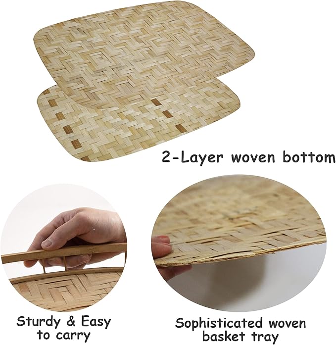 PEMAR Large Bamboo Wicker Serving Trays Set of 2 – 19.3″ x 13.8″ Rectangular Hand-Woven Lap/Breakfast Trays with Handles – Rustic & Decorative Kitchen, Coffee Table & Bed Tray