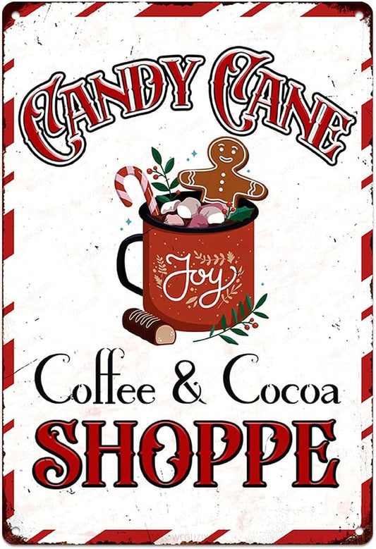 Christmas Signs Home Decor Vintage Art Poster Metal Hanging Plaque Kitchen Cafe Bar Farmhouse Porch Yard Outdoor Indoor Decorations Funny Xmas Gift 8X12 Inch (Candy Cane Coffee Cocoa Shoppe Sign) by WEGUZIX