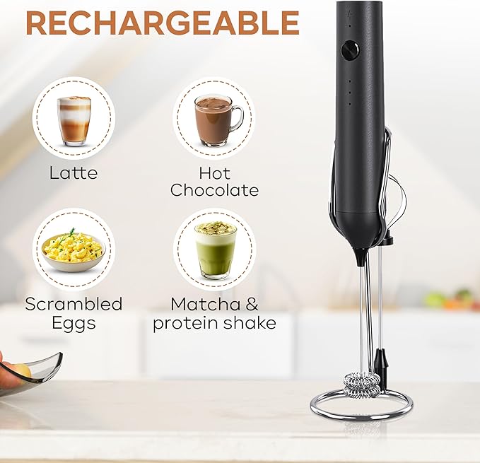 Handheld Milk Frother Wand Rechargeable with Stand - Double Whisk Milk Frother Handheld -3 Speed Levels- Coffee Stirrers Electric Drink Mixer - Coffee Frother Handheld (Upgraded - Black with Stand)