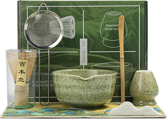 Matcha Set, Matcha Whisk Set Includes Matcha Bowl with Spout, Bamboo Whisk, Matcha Whisk Holder, Sifter, Scoop, Spoon Holder, Tea Towel- 7pcs Perfect Matcha Kit for Matcha Tea Ceremony