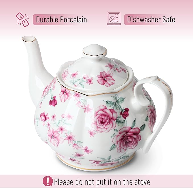 BTaT- Floral Tea Pot with Gift Box, 38 oz, White with Pink Roses & Gold Trim, Porcelain Teapot Ceramic, Dishwasher Safe