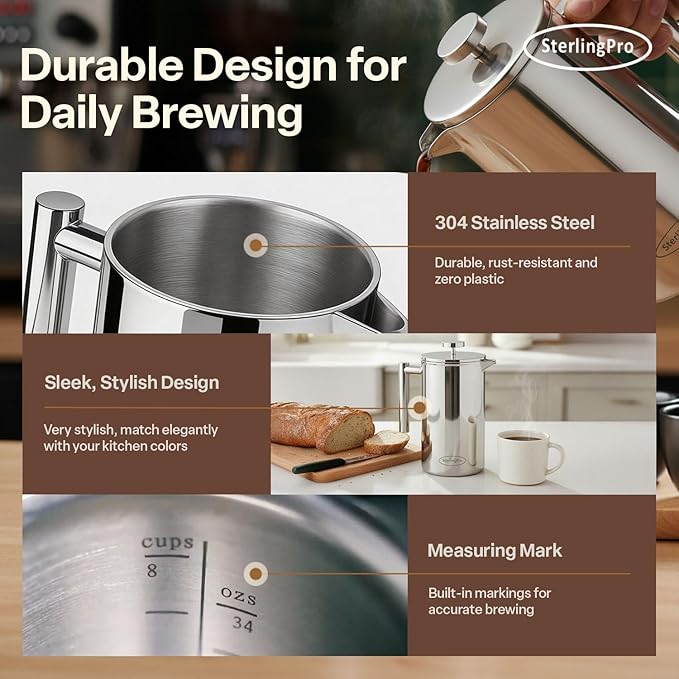 Stainless Steel French Press Coffee Maker 1 L (34 oz) Mirror – Double Walled Insulated Large Coffee Press, Durable Design Keeps Drinks Hot, Easy to Use and Clean for Rich Flavor Brewing