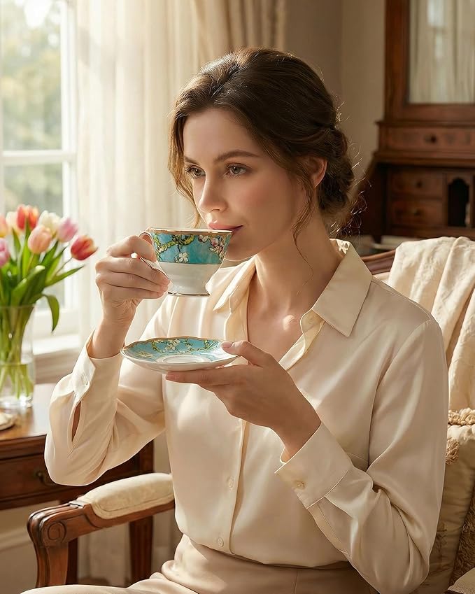 Exquisite Bone China Tea Cups and Saucer Set – Elegant Porcelain Tea Cups, Beautifully Detailed for Tea Lovers, Gift-Ready for Christmas, Hostess, Holiday Gift & Fall Decor