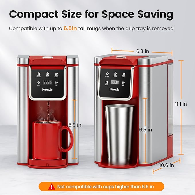 Single Serve Coffee Maker for K-Cup Pod and Grounds, Hot and Iced Coffee Maker, Strong Button Feature, 6 to 14oz Brew Sizes, 50oz Removable Reservoir, Fit 6.5" Mugs, Stainless Steel, Red