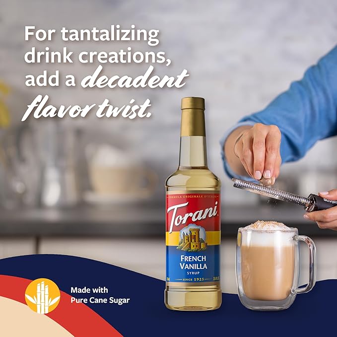 Torani Coffee Syrup, French Vanilla Flavored Syrup for Drinks, Pump Included, 25.4 Fl Oz