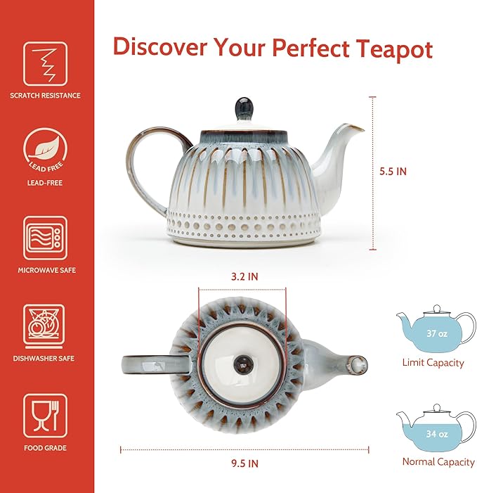 Sweese Ceramic Teapot, Beaded Retro Flower Glaze, 1100ml/37 oz Large Tea Pot for Loose Tea or Bags, Enough for 4 Cups, Nebula Blue