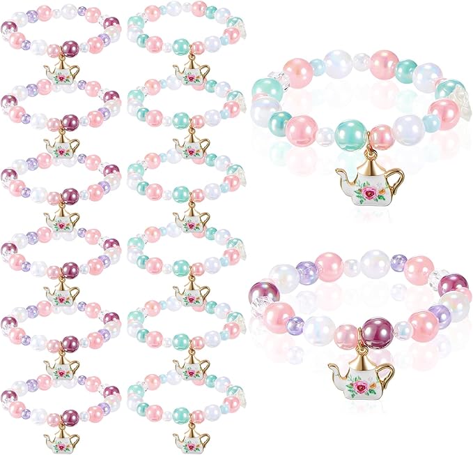 Ecally 12 Pcs Tea Party Favors Bracelet Bulk Tea Pot Beaded Easter Bracelet Party Supplies Pendant Accessories Princess Decorations for Kids Girl