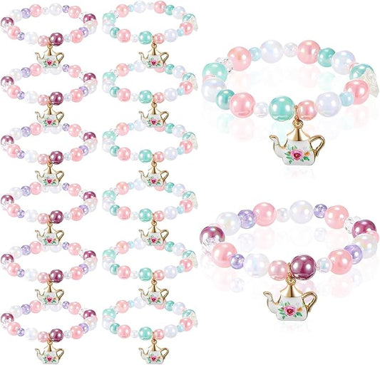 Ecally 12 Pcs Tea Party Favors Bracelet Bulk Tea Pot Beaded Easter Bracelet Party Supplies Pendant Accessories Princess Decorations for Kids Girl