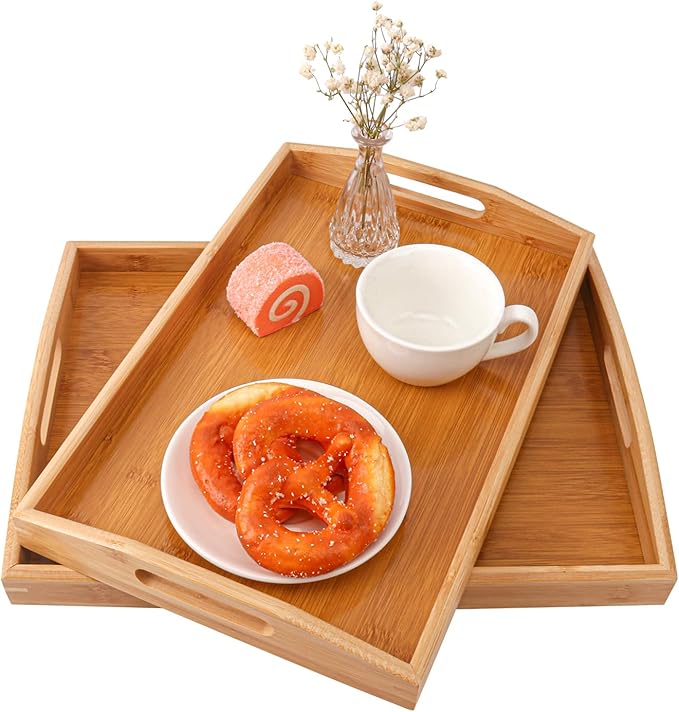 2 PCS Bamboo Serving Tray, 2 Size Nested Breakfast Bed Tray with Handle, Wood Serving Tray for Serving, Breakfast Bed Trays for Eating, Decor, Displaying Cake, Fruit