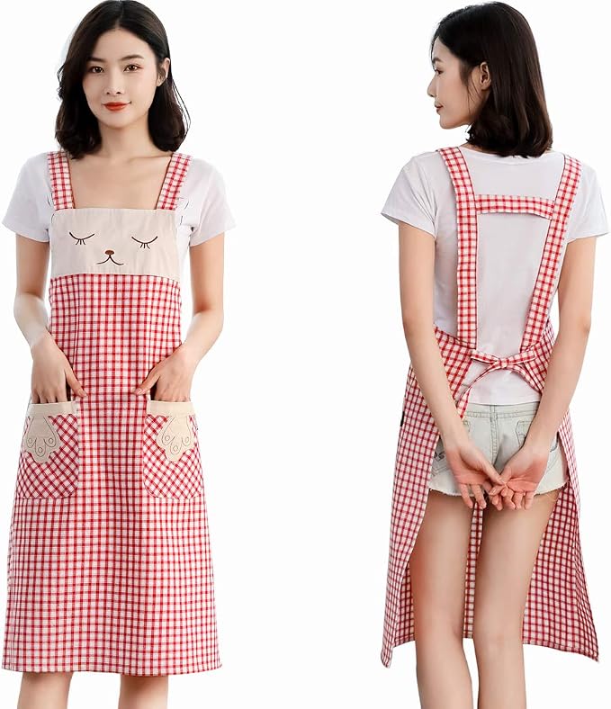NEWGEM 100% Cotton Cute Plaid Apron with Pockets - Korean Style H-Back Cat Pinafore for Gardening, Farmhouse Kitchen (Red/White Cat) by NEWGEM