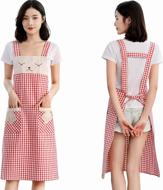 NEWGEM 100% Cotton Cute Plaid Apron with Pockets - Korean Style H-Back Cat Pinafore for Gardening, Farmhouse Kitchen (Red/White Cat) by NEWGEM