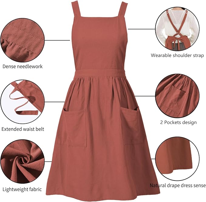 Pinknoke Cute Cotton Pinafore Aprons for Women with Pockets for Kitchen | Vintage Apron Dress,Adjustable Cross Back,2 Pockets,Long Straps,for Cooking Backing Gardening Painting Cleaning Gift Giving - Image 5