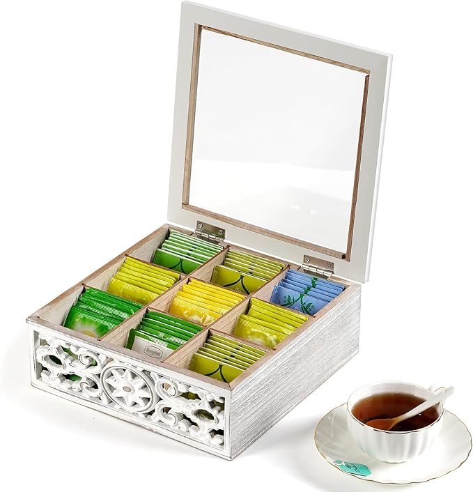 Tea Bag Organizer Wooden Tea Box for Tea Bags, Tea Organizer 9 Compartments Tea Chest Storage Box with Clear Lid, Tea Bag Holder Tea Caddy for Tea Coffee Sugar, Home Kitchen Office, White