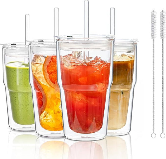 KEMORELA Set of 4 Double-Walled Glass Cups, 16 oz / 480 ml Insulated Tumblers for Iced Coffee, Latte, Matcha, Smoothies, Bubble Tea & Cold Drinks – Clear Modern Glassware, Dishwasher Safe