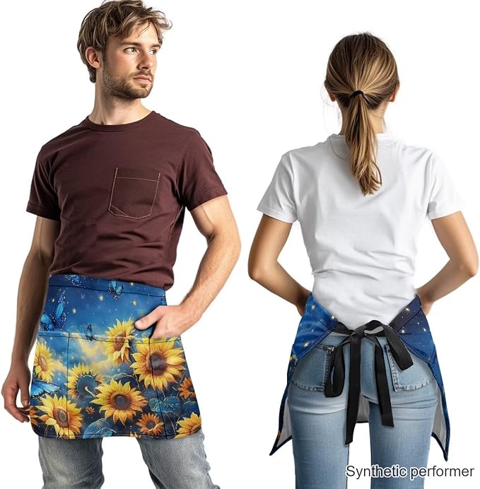 Waist Apron with 3 Pockets Waterproof 13 Inch Short Half Waist Aprons Women Men Server Aprons Waitress Waiter Apron - Image 2