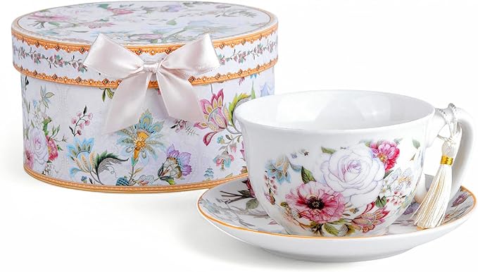 STP GOODS Bone China Tea/Coffee Cup and Saucer in Gift Box Fine Bone Tea Cup and Saucer Set of One,(Dream Garden)