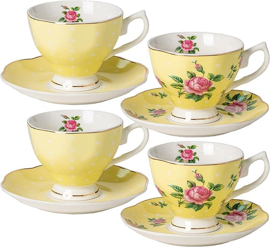 BTaT- Floral Tea Cups and Saucers, Set of 4, 8 oz, Fine Porcelain Teacup Set with Gold Trim for Afternoon Tea, Weddings, Parties & Gifting, Dishwasher Safe, Lightweight, Non-Toxic